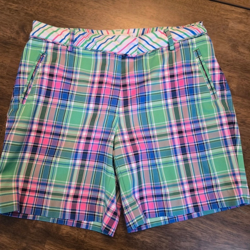 Lady Hagen Womens Golf Shorts Green Pink Blue Plaid Madras Size 8